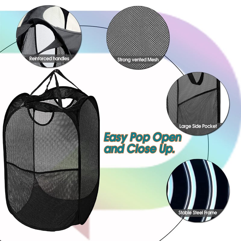 BATTOO Deluxe Collapsible Laundry Baskets Mesh Pop Up Hampers for Laundry with Side Pocket Reinforced Handles for Laundry Room, Bathroom, Kids Room, College Dorm or Travel Black - Image 3